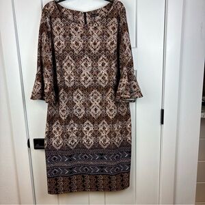 Peach Velvet Brown Patterned Knee Length Zipper Back Dress Size 2X  f